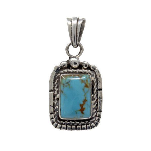 Closeup photo of Az Turquoise Pendant -Rectangle Cabochon With Stamped Chain Bezel With Line Stamping & Beads