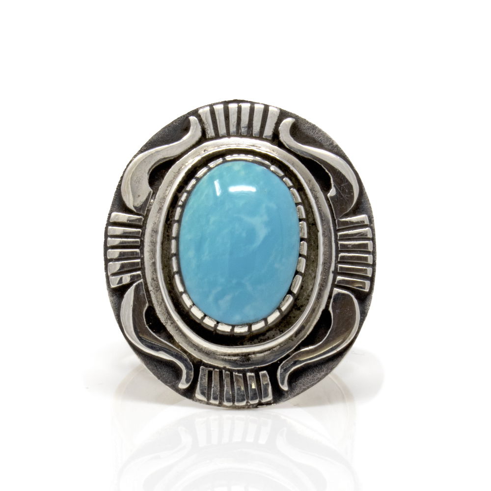 Shot of Arizona Turquoise Ring -Oval Cabochon with Inca Design Plate & Band Size 10
