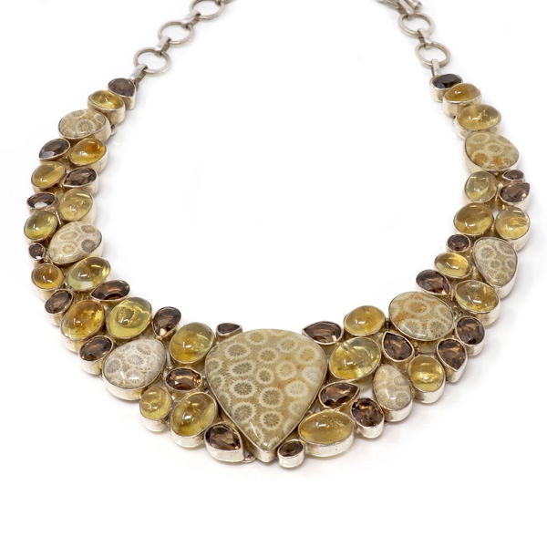 Closeup photo of Fossilized Coral Necklace Collar -Pear With Citrine Cabs & Smoky Quartz