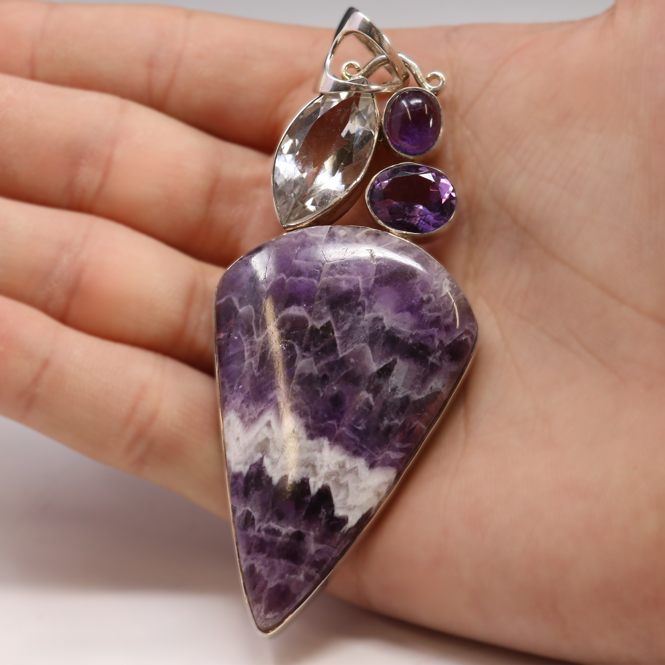 Chevron(lace) Amethyst Pendant - Reverse Pear With 2 Amethysts & Quartz Marquis With Cutout Bail