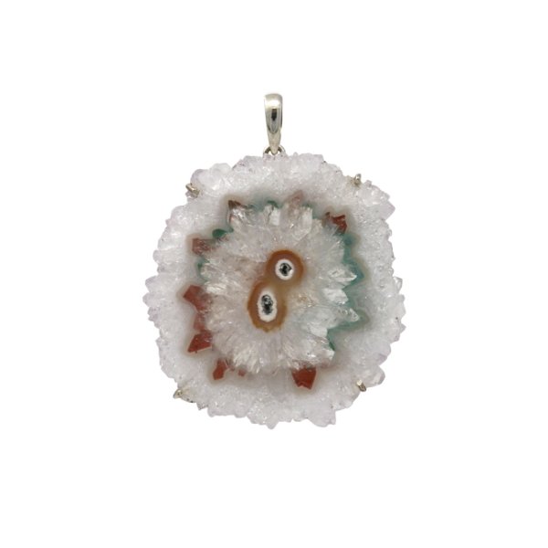 Closeup photo of Quartz Stalactite Pendant With Teal And Red Agate Center