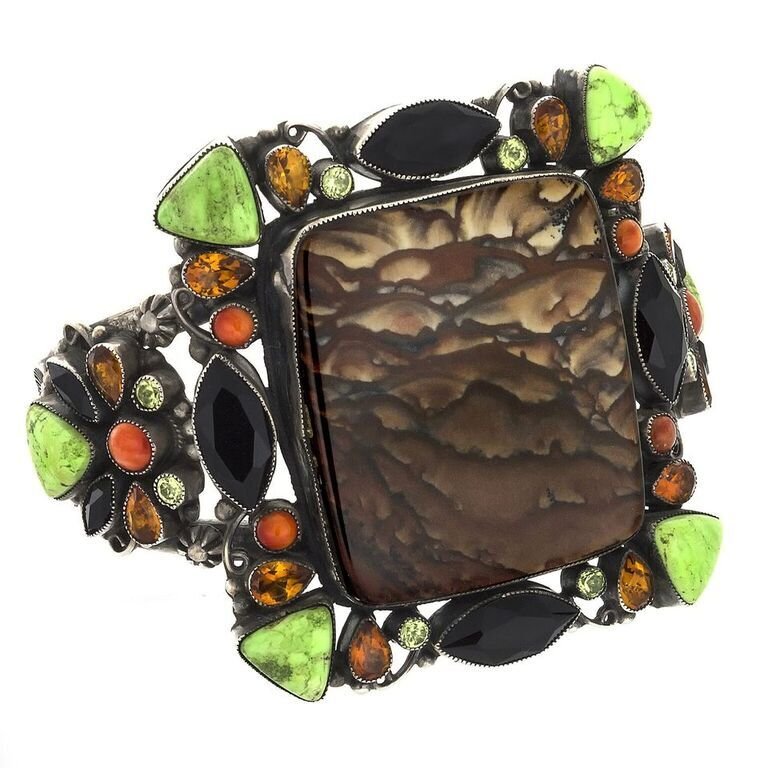 Leo Feeney Picture Jasper Cuff Bracelet -Clouds With Onyx, Green Turquoise, Citrine, Peridot & Spiny Oyster