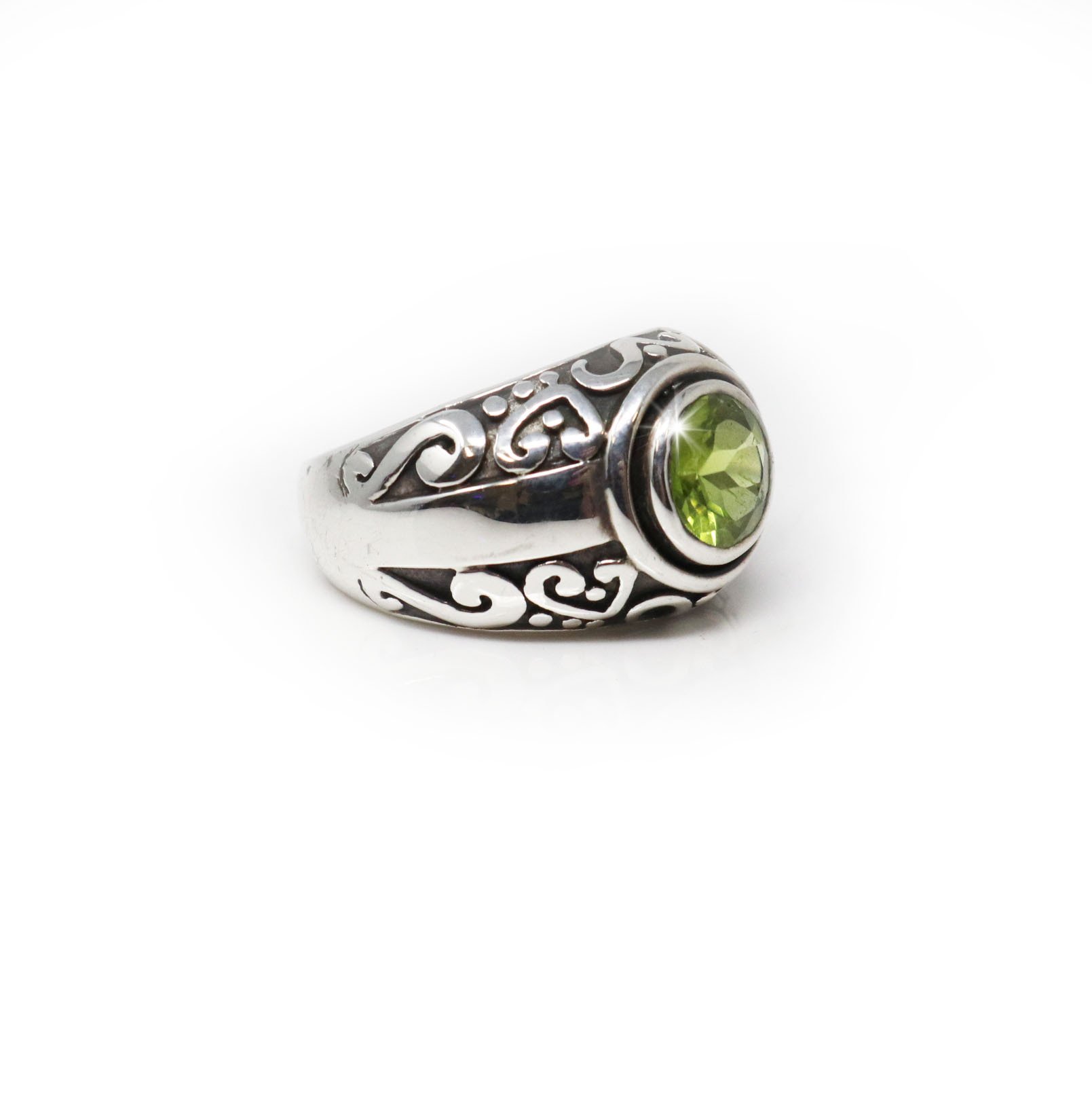 Faceted Round Peridot Ring Size 8 With Oxidized Silver Heart & Swirl Design With Beading
