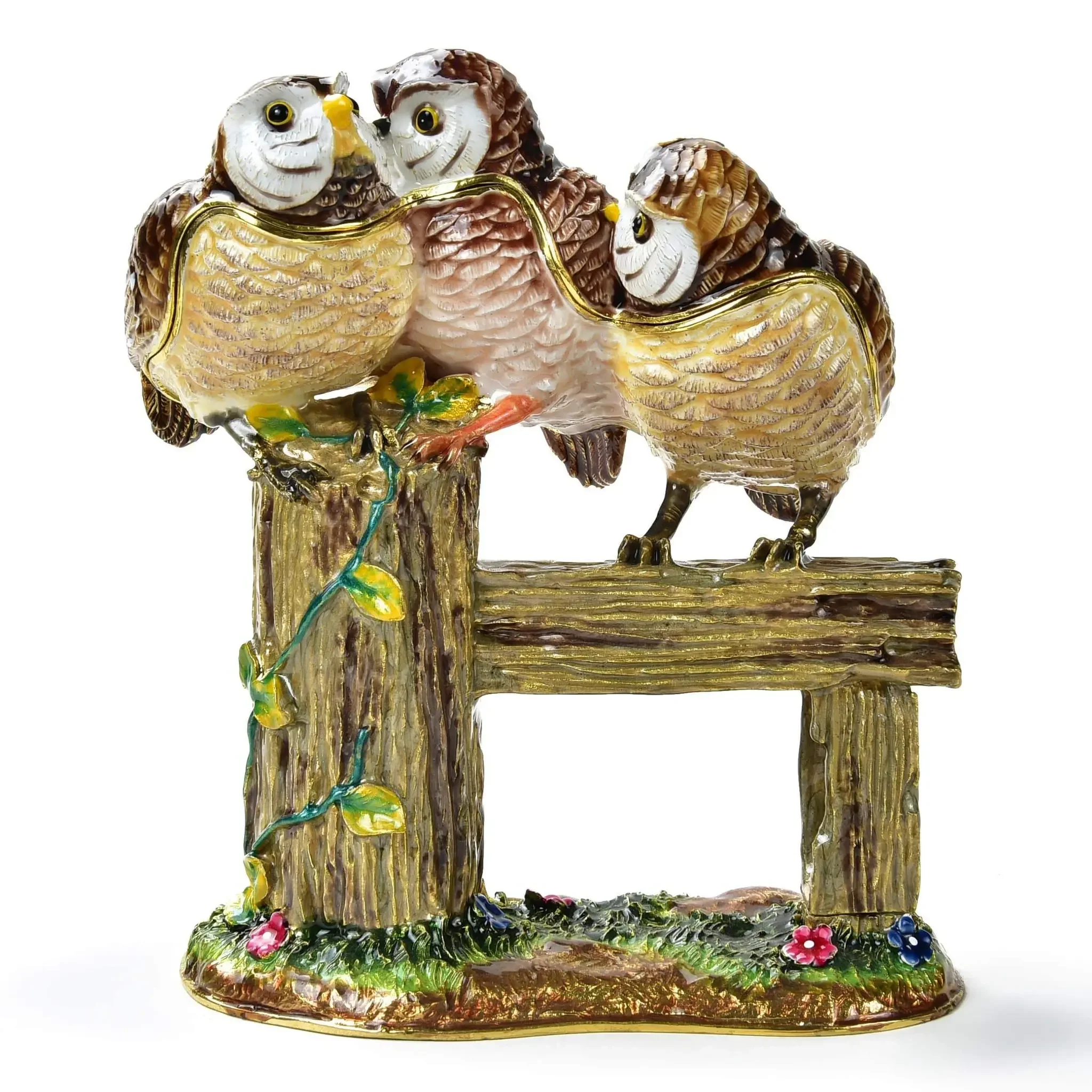 Owl Family On Branch Figurine Jewel Box