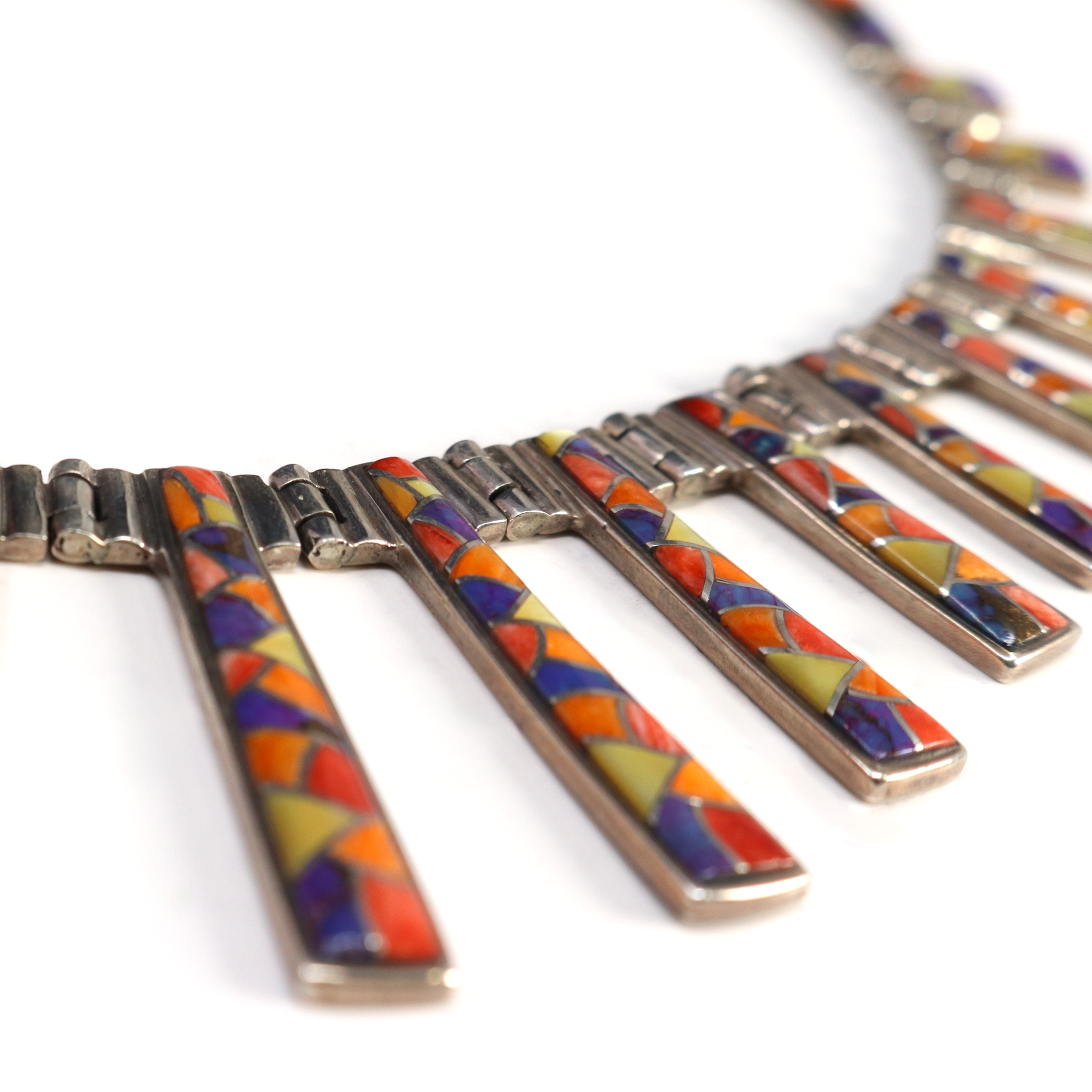 Micro Inlay Necklace With Spiny Oyster In 3 Colors & Mother Of Pearl In Vertical Tapered Rectangles