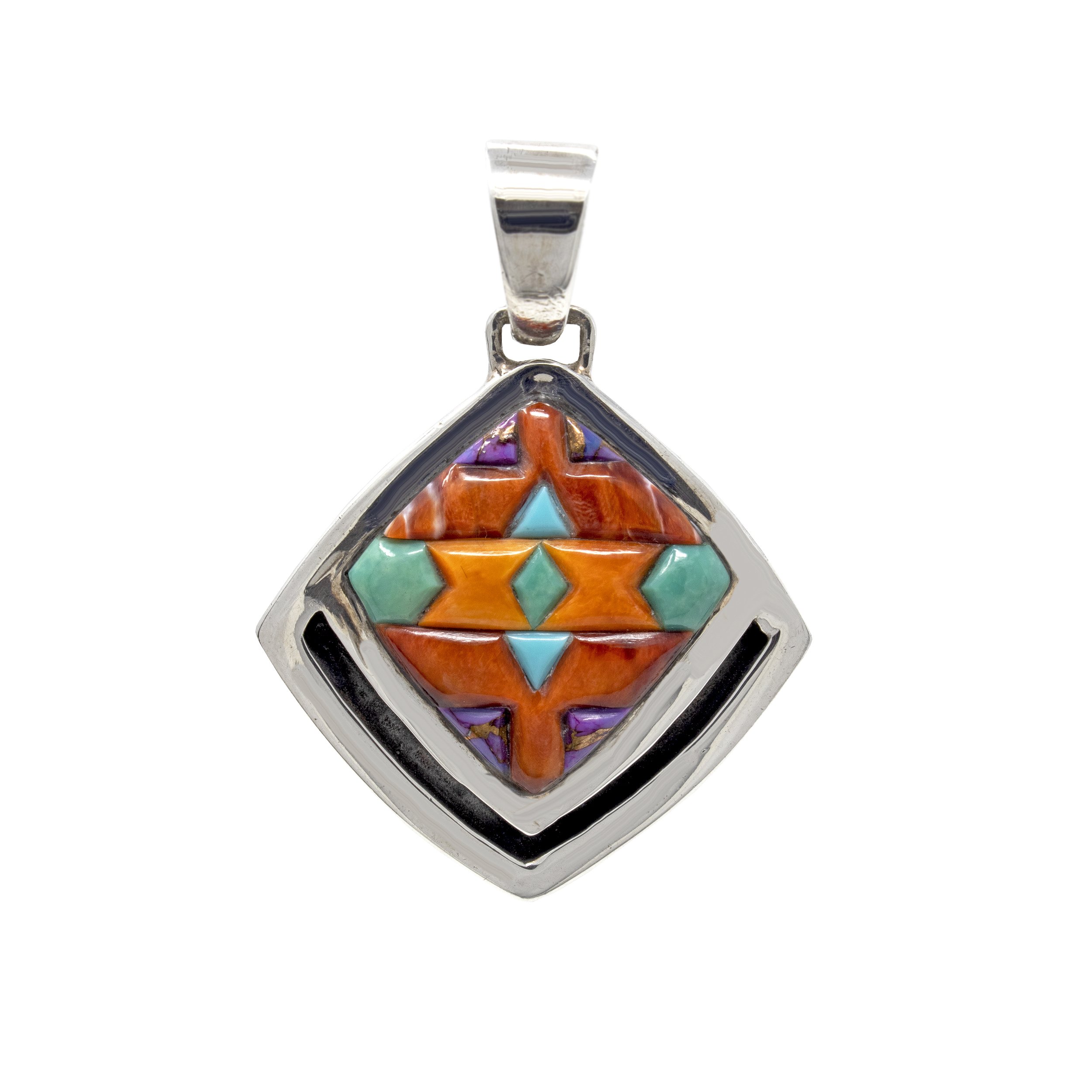 Popcorn Inlay Pendant - Diamond Set Square In Silver Bezel With V Shaped Cutout