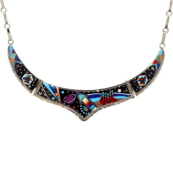 Closeup photo of Night Sky Micro Inlay Necklace Hinged Three Section On Elongated Links