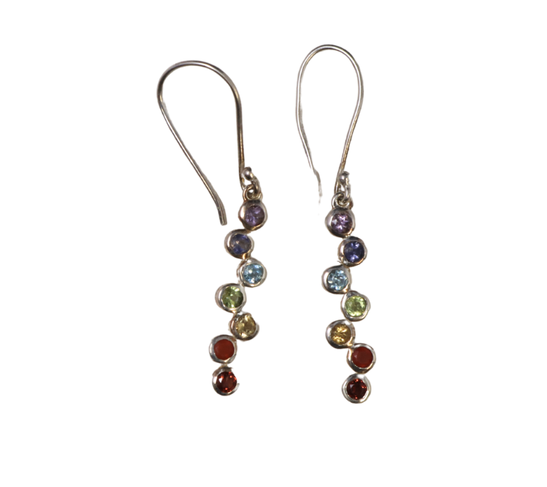 7 Chakra Faceted Rounds Drop Dangle Earrings - Vertically Stacked In Zig Zag Pattern