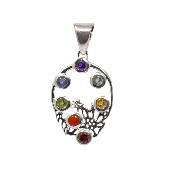 Closeup photo of 7 Chakra Faceted Rounds Pendant On Silver Wire Oval With Silver Wire Flower