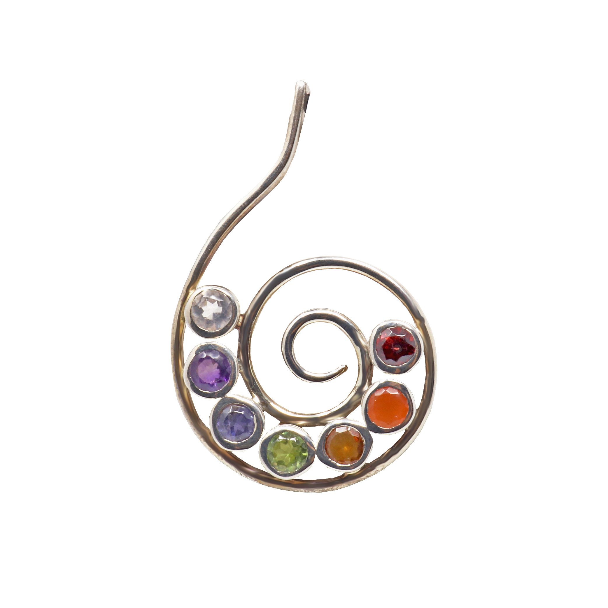 7 Chakra Pendant - Faceted Rounds On Simple Silver Wire Spiral