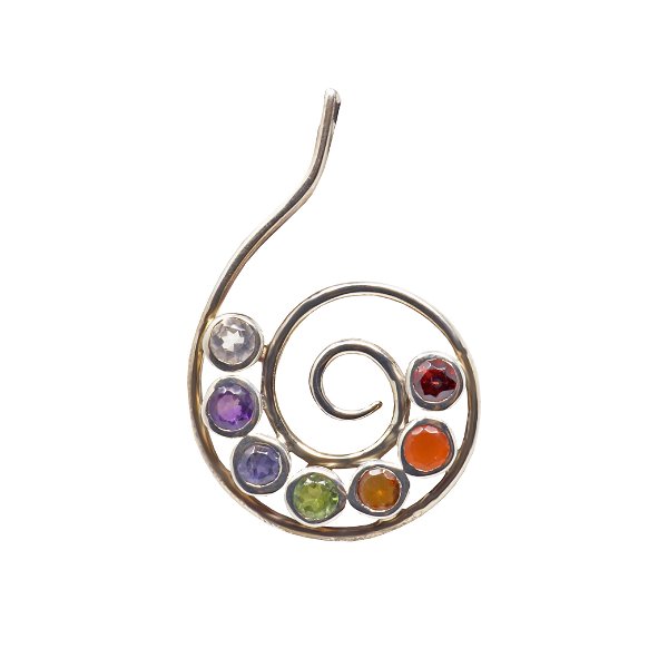 Closeup photo of 7 Chakra Pendant - Faceted Rounds On Simple Silver Wire Spiral