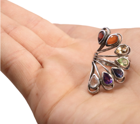 7 Chakra Ring - Faceted Pears With Silver Bezels On Silver Wire Flower & Cutout Band Top Sz6