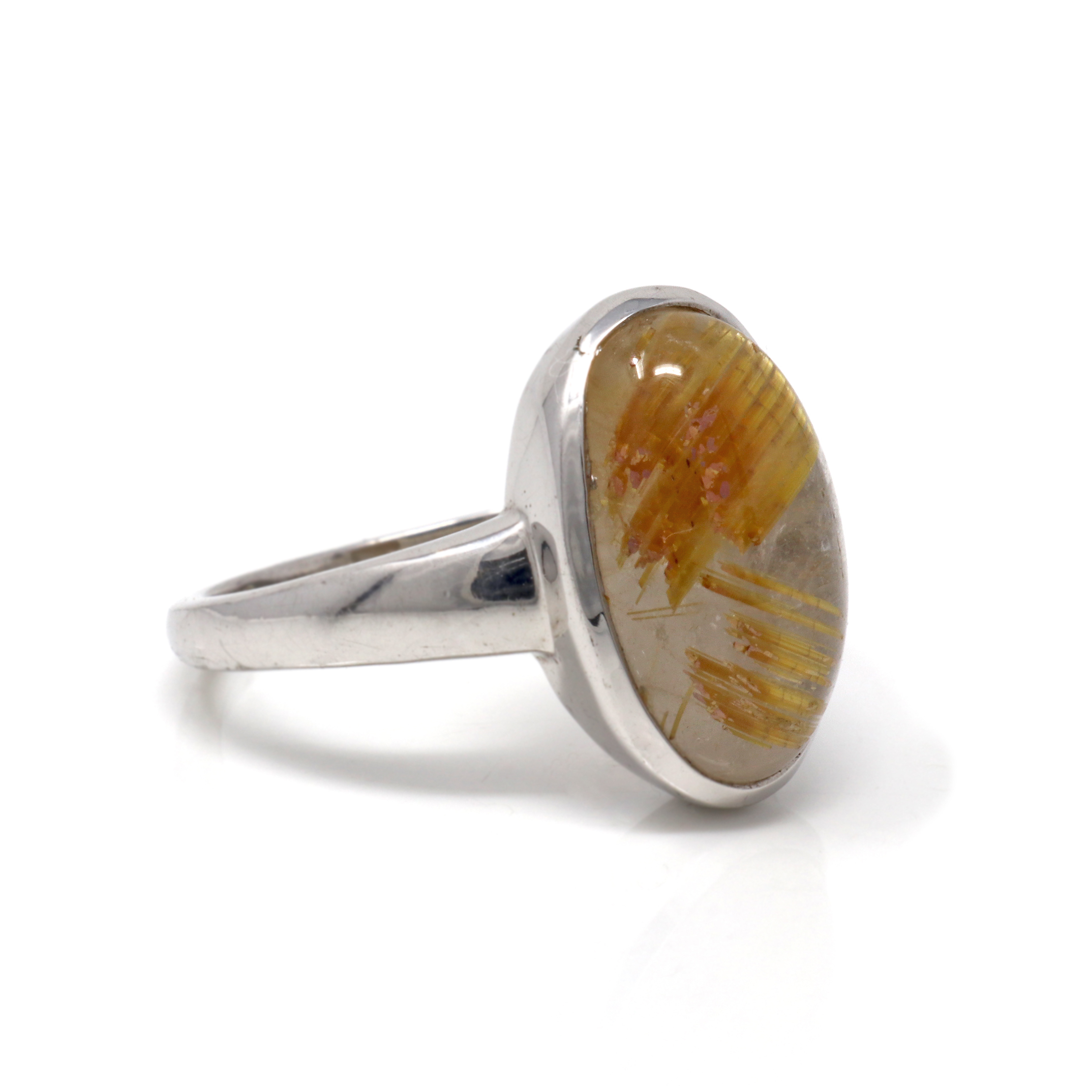 Golden Rutile Quartz Ring Size 9 - Simple Oval Cabochon with Prominent Rutile & Tapered 925 Sterling Silver Bezel