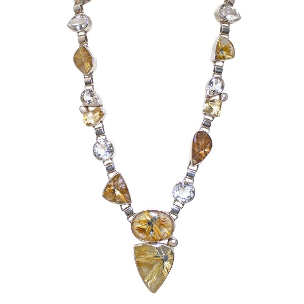 Closeup photo of Golden Rutile Quartz Necklace With Quartz & Pearl
