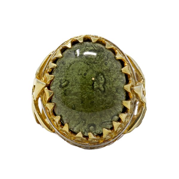 Closeup photo of Moldavite Ring Size 9 -Cabochon In Star Band With 22k Overlay