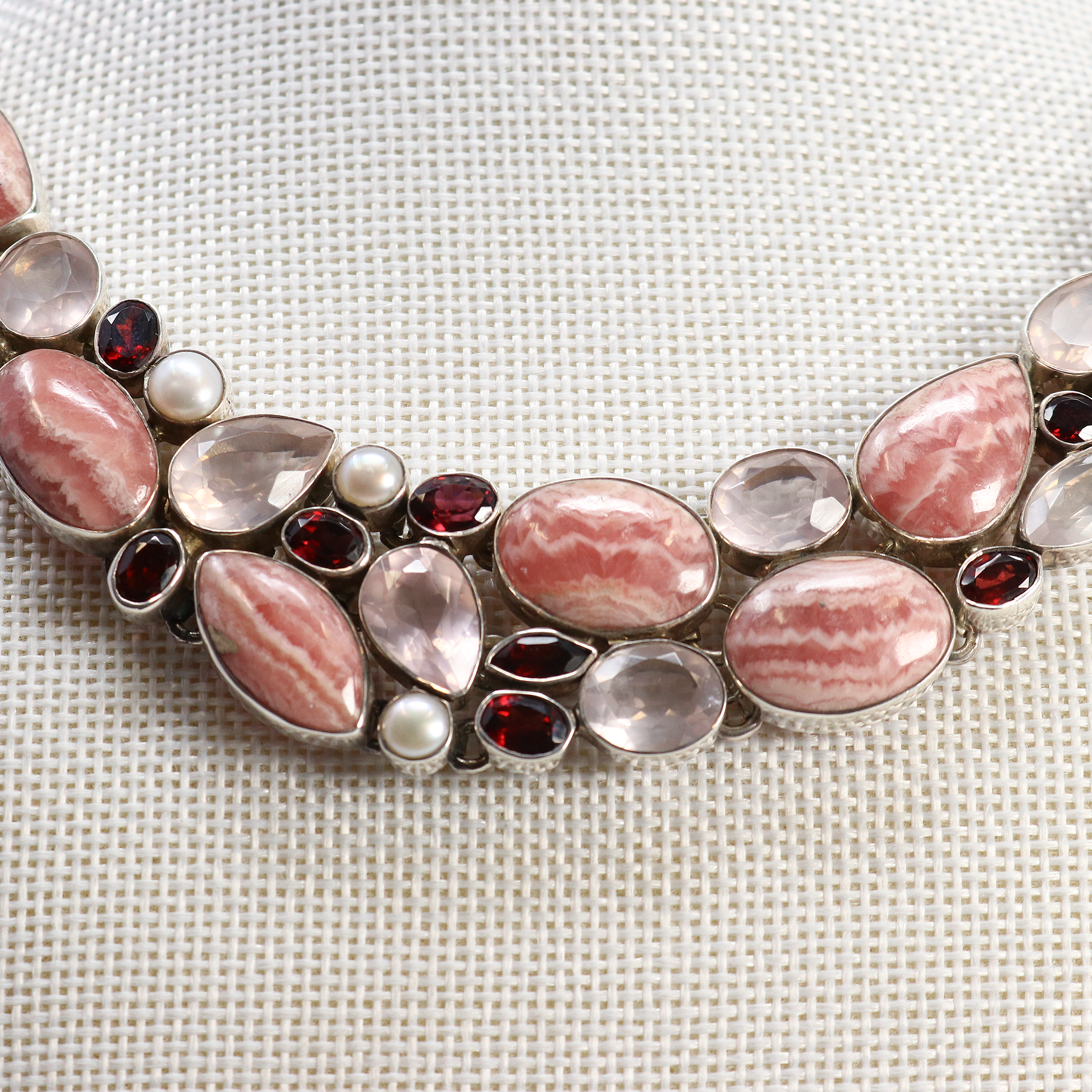 Rhodochrosite Necklace -Collar With Faceted Rose Quartz & Garnet & Pearls