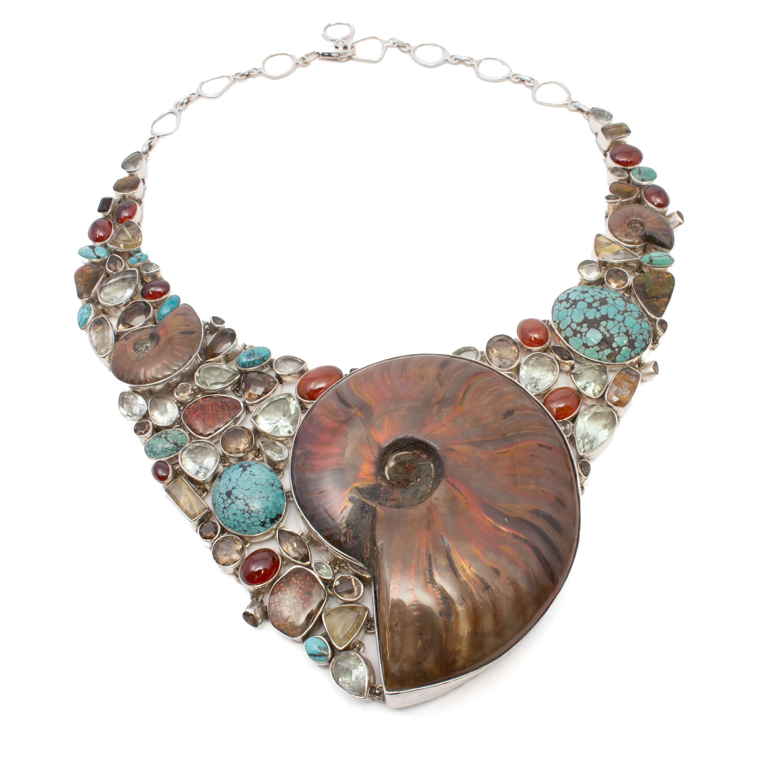 Opalized Ammonite Fossil Necklace & Dangle Earrings Set With Multi Gemstone Matrix - Large Ammonite