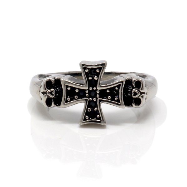 Closeup photo of Cross Ring Size 12 Stainless Steel Skull -Style 17 Maltese Cross With Crystals