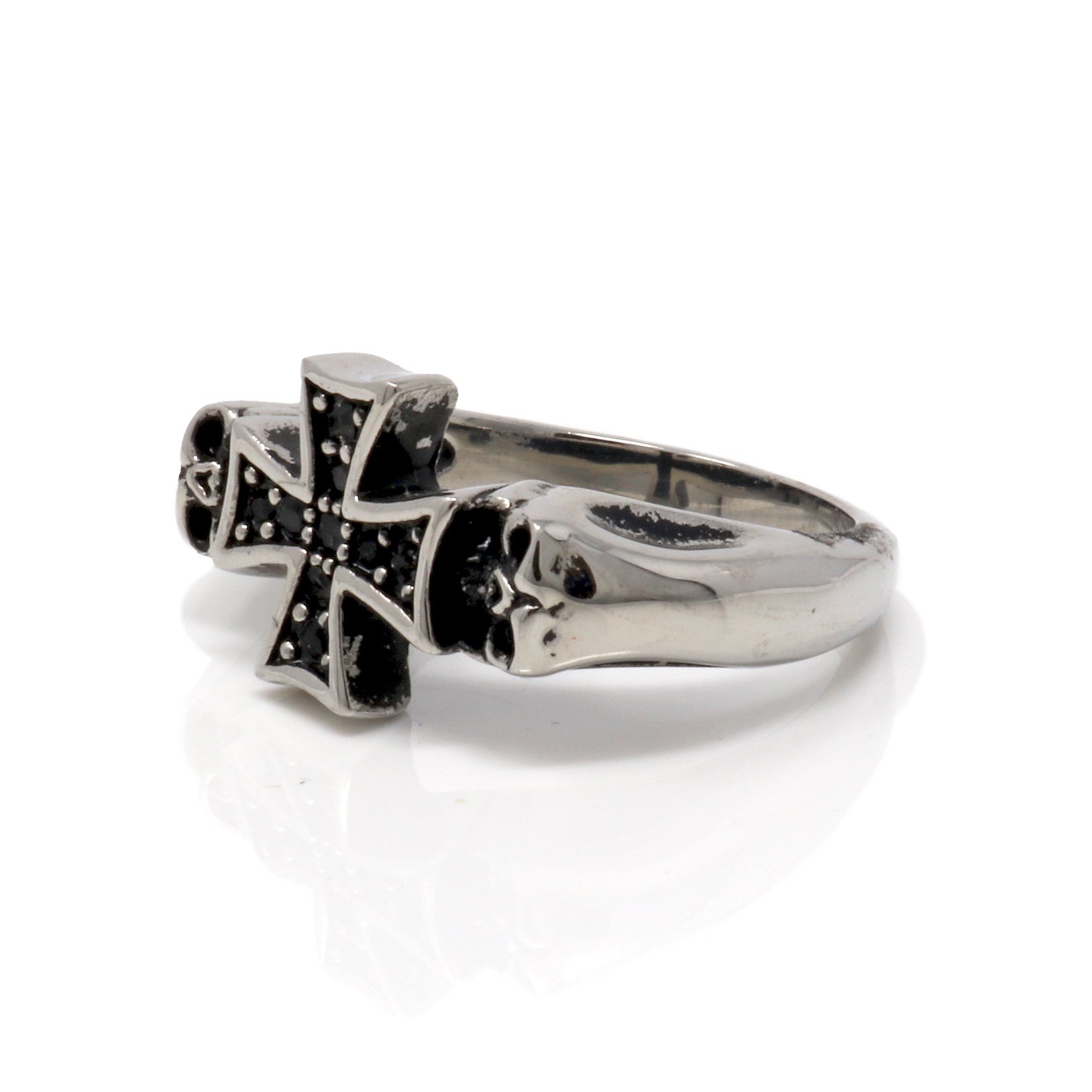Cross Ring Size 13 Stainless Steel Skull -Style 17 Maltese Cross With Crystals