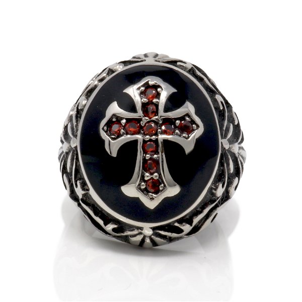 Closeup photo of Cross Ring Size 11 Stainless Steel -Style 10 Cross With Red Crystals On Dome