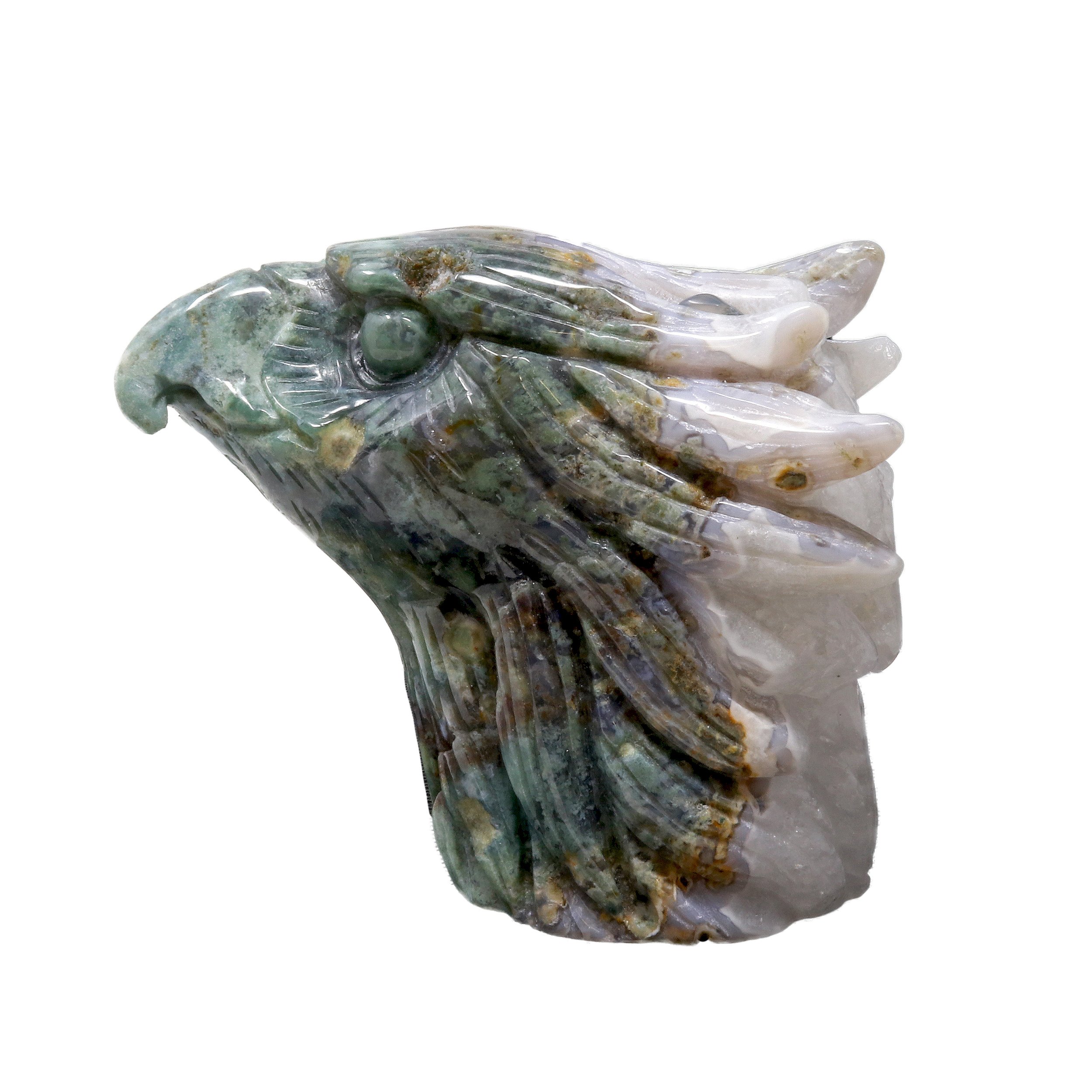 Agate Geode Eagle Head Carving - Moss Agate With White Druze Vugs