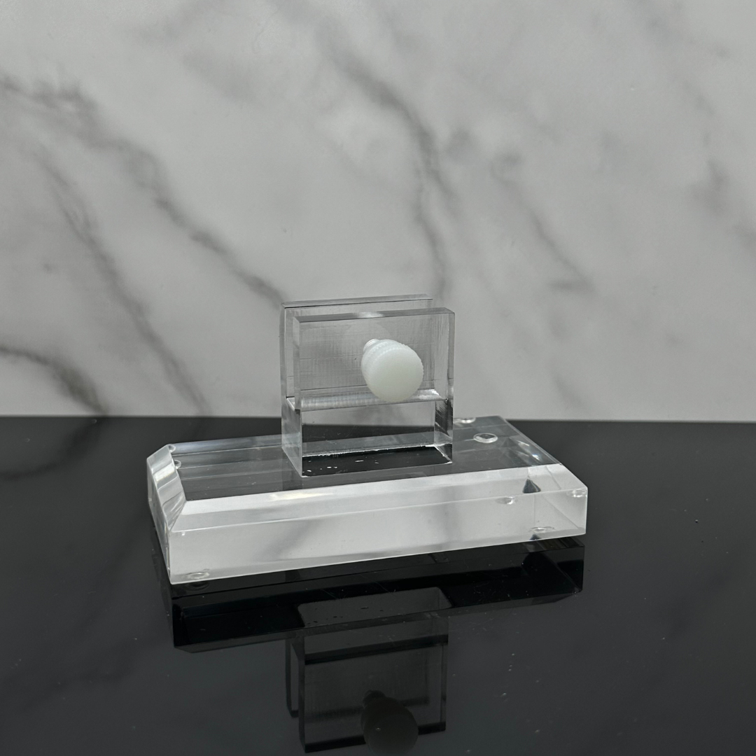 The stand is designed for durability, ensuring long-lasting quality. To use, unscrew the white screws and insert your crystal slice carefully, then align and tighten the screws without overtightening. Please check the stand's dimensions and compare with other stands to ensure compatibility. We offer exchanges within 30 days, but not refunds. Note that shipping fees are not covered for online exchanges. We provide dimensions and samples to help you choose the right stand without the need for exchanges. Acrylic Screw-in Slice Stand - Small