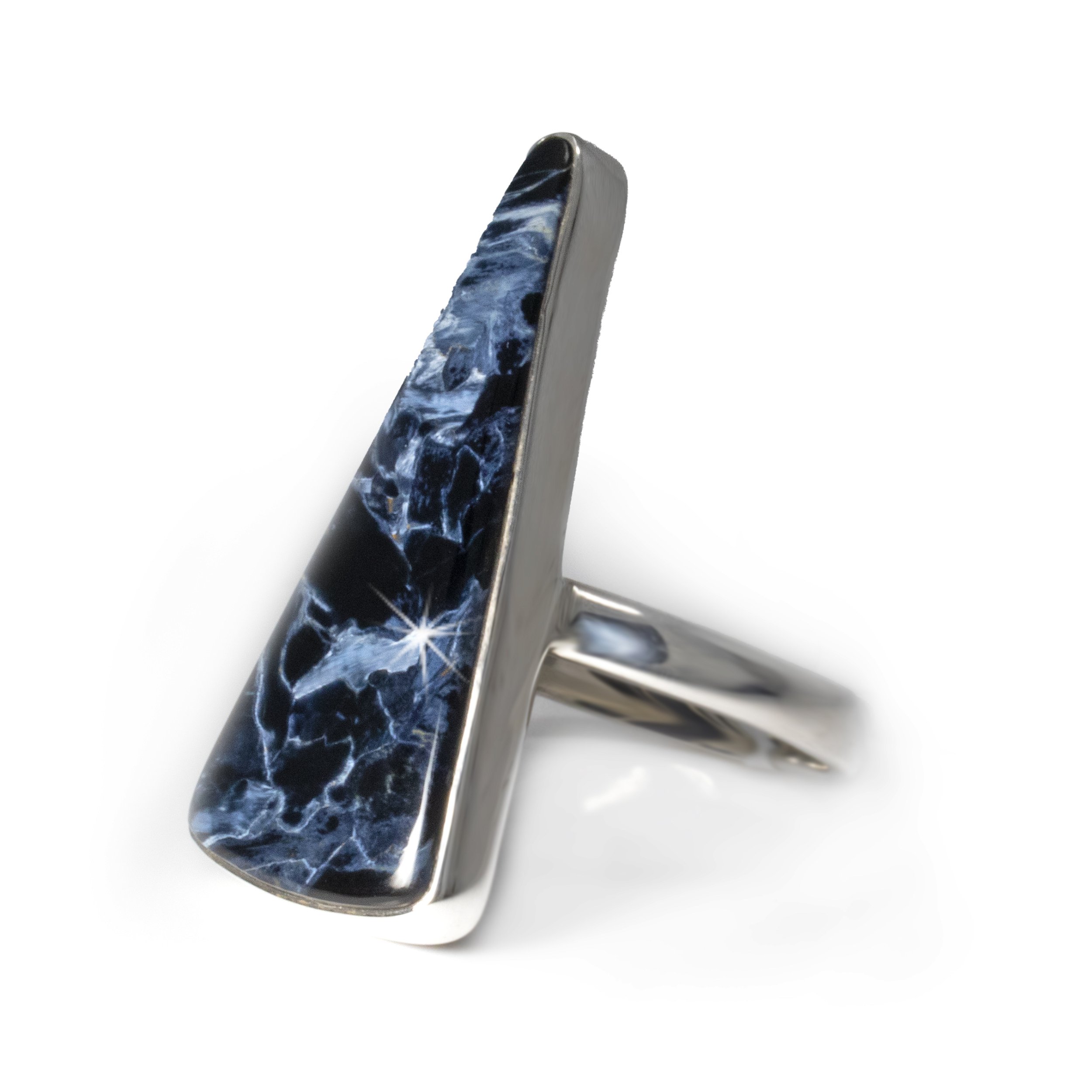Pietersite Ring - Elongated Triangular Cabochon With Simple Silver Bezel Size 10