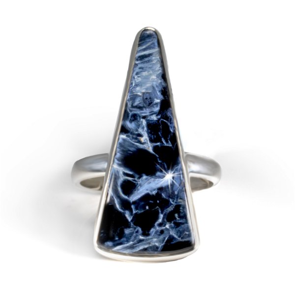 Closeup photo of Pietersite Ring - Elongated Triangular Cabochon With Simple Silver Bezel Size 10