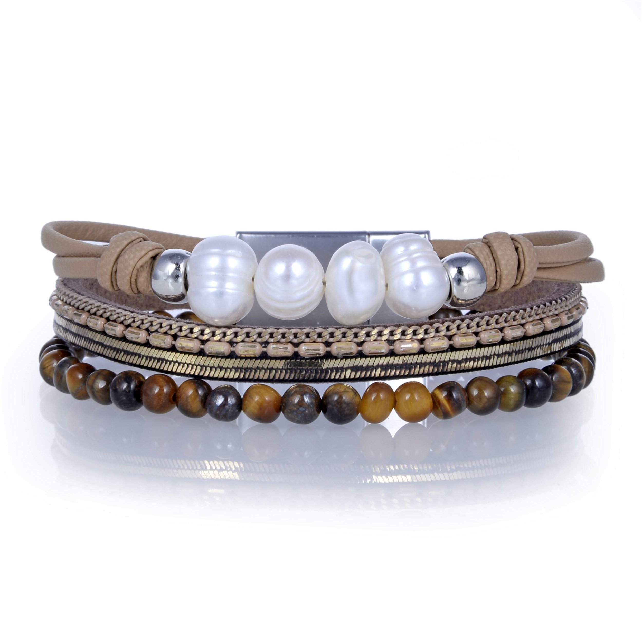 Tigers Eye & Pearls Multi Wrap Bracelet