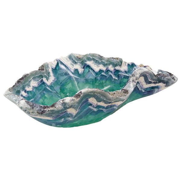 Closeup photo of Fluorite Bowl with Natural Edge & White Chevron Band from Mexico