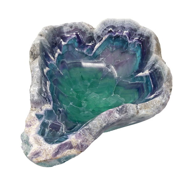 Closeup photo of Fluorite Bowl with Live Edge -Purple & Teal Chevron Bands from Mexico