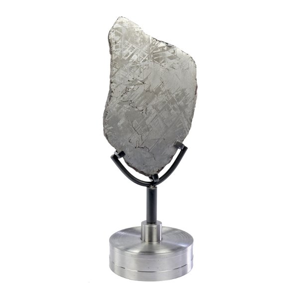 Closeup photo of Muonionalusta Meteorite Slice On Steel Spinner Stand