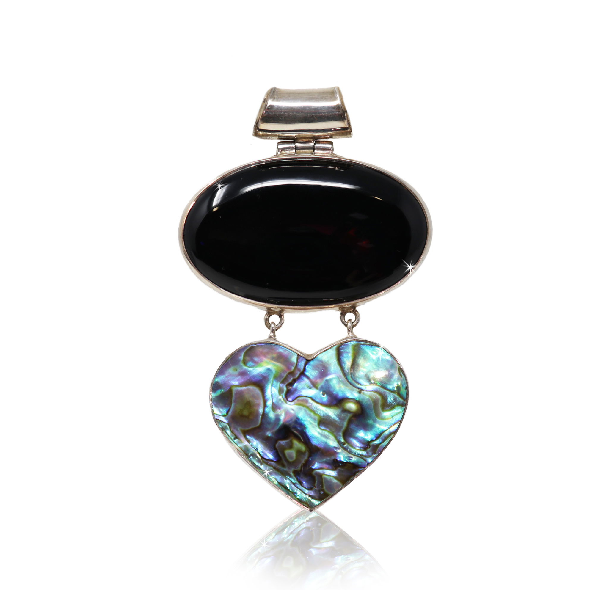 Black Onyx & Abalone Pendant - Oval Cabcohon with Heart Linked on Bottom & Silver Bezels with Tube Bail