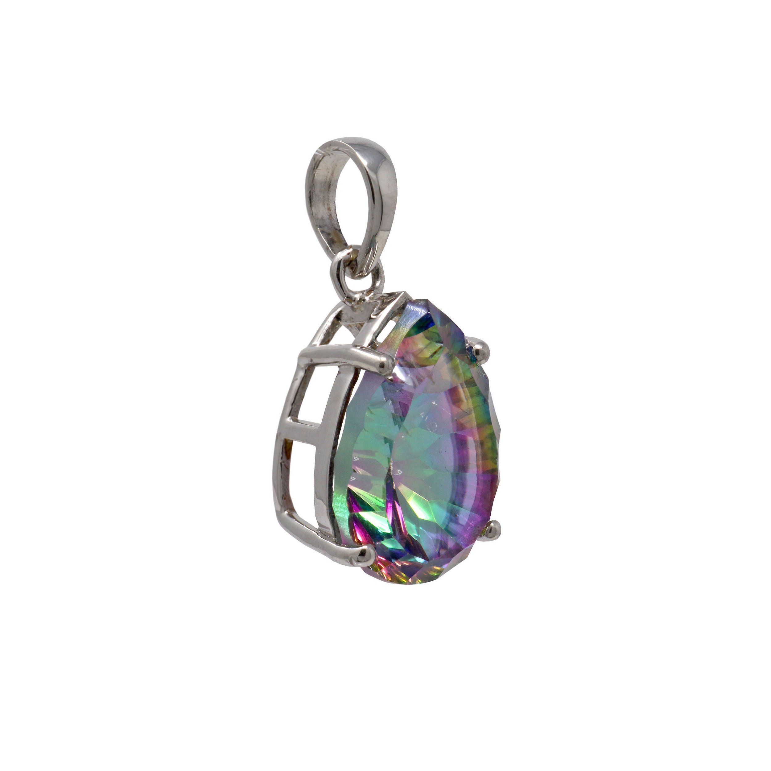 Mystic Topaz Pendant - Faceted Pear With Cutout Raised Bezel - Prong Set