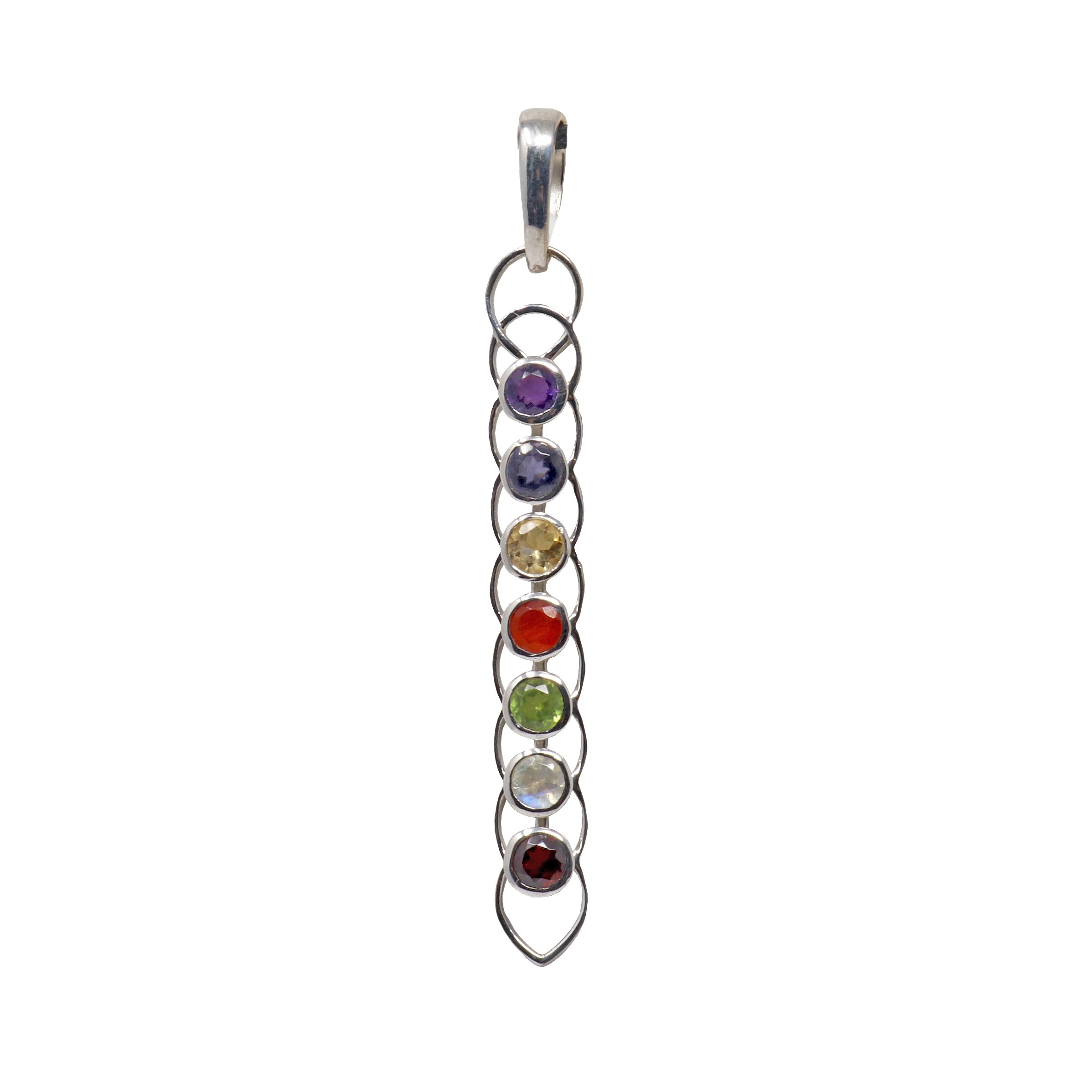 7 Chakra Pendant - 7 Faceted Rounds Set In Layered Vertical Silver Loop Design