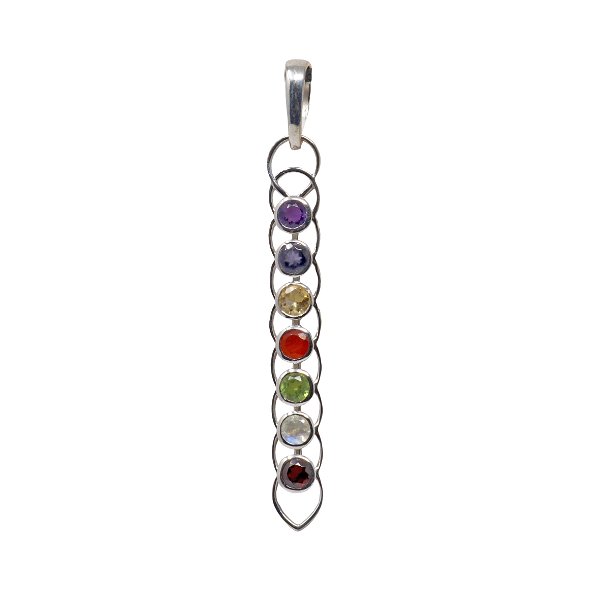 Closeup photo of 7 Chakra Pendant - 7 Faceted Rounds Set In Layered Vertical Silver Loop Design