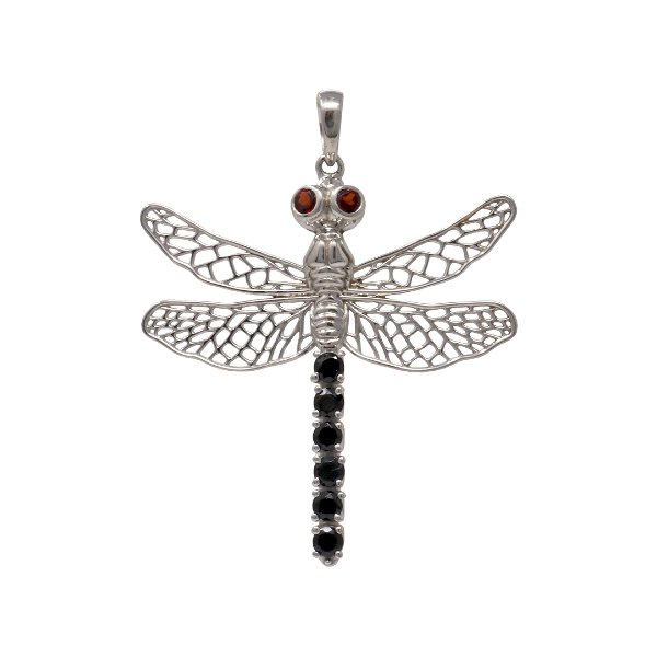 Closeup photo of Black Spinel Dragonfly Pendant - Faceted Rounds With Faceted Garnet Round Eyes & Intricate Silver Wings & Body