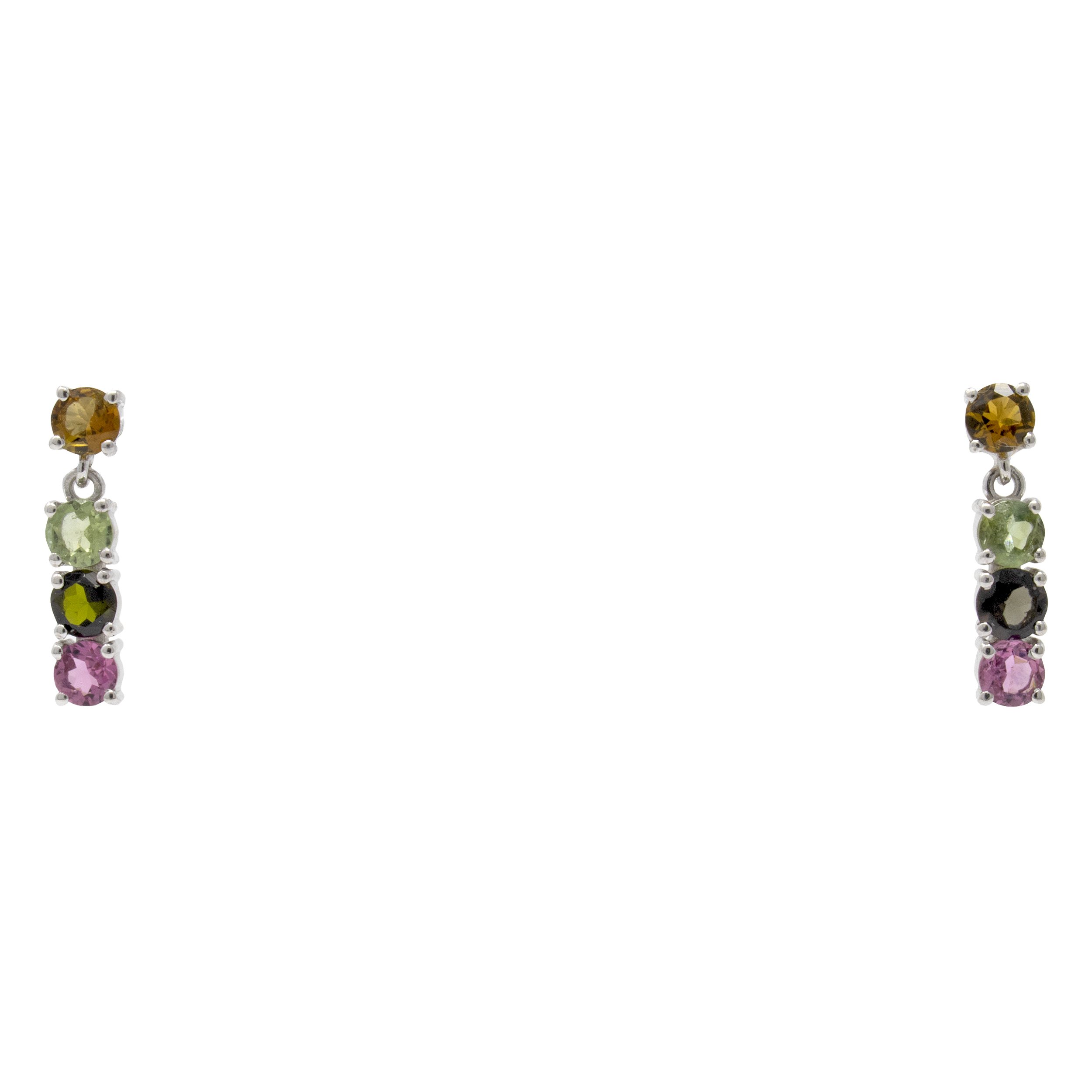 Multi Tourmaline Dangle Earrings On-post - 4 Faceted Rounds Prong Set With Tall Silver Bezels