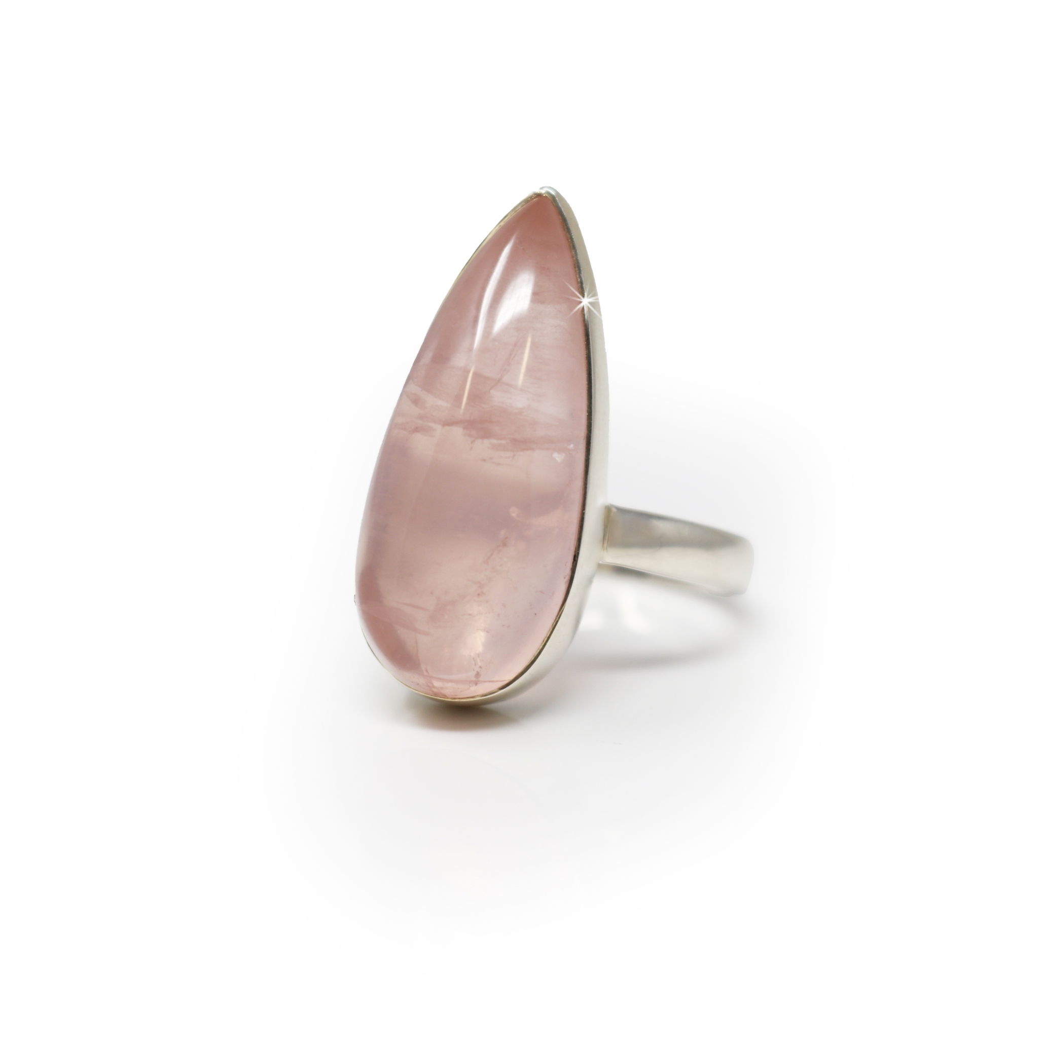 Rose Quartz Ring - Elongated Pear Cabochon with Silver Bezel Sz8