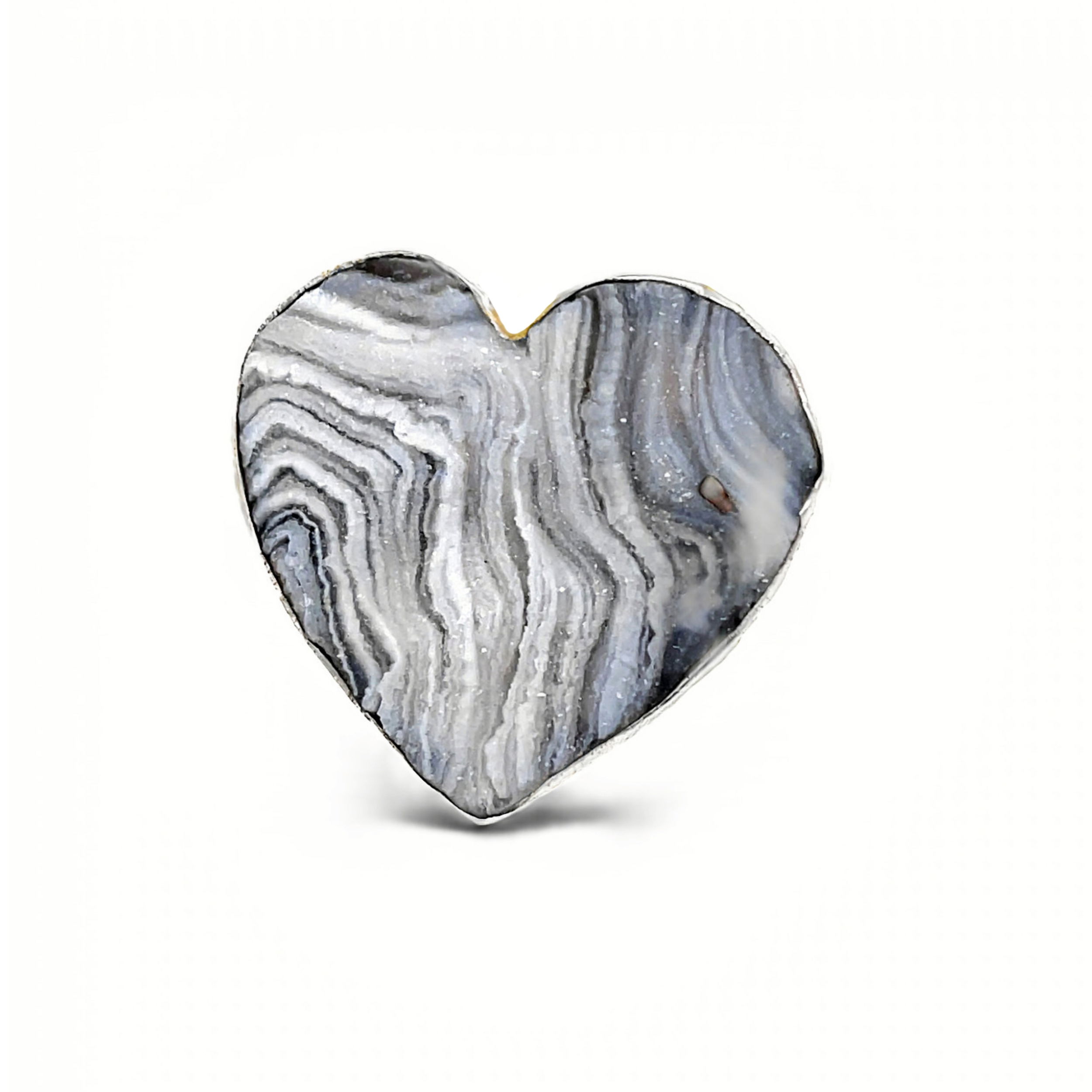 Natural Desert Druze Heart Ring Adjustable Size with Silver Bezel & Unique Gray Druze Patterns