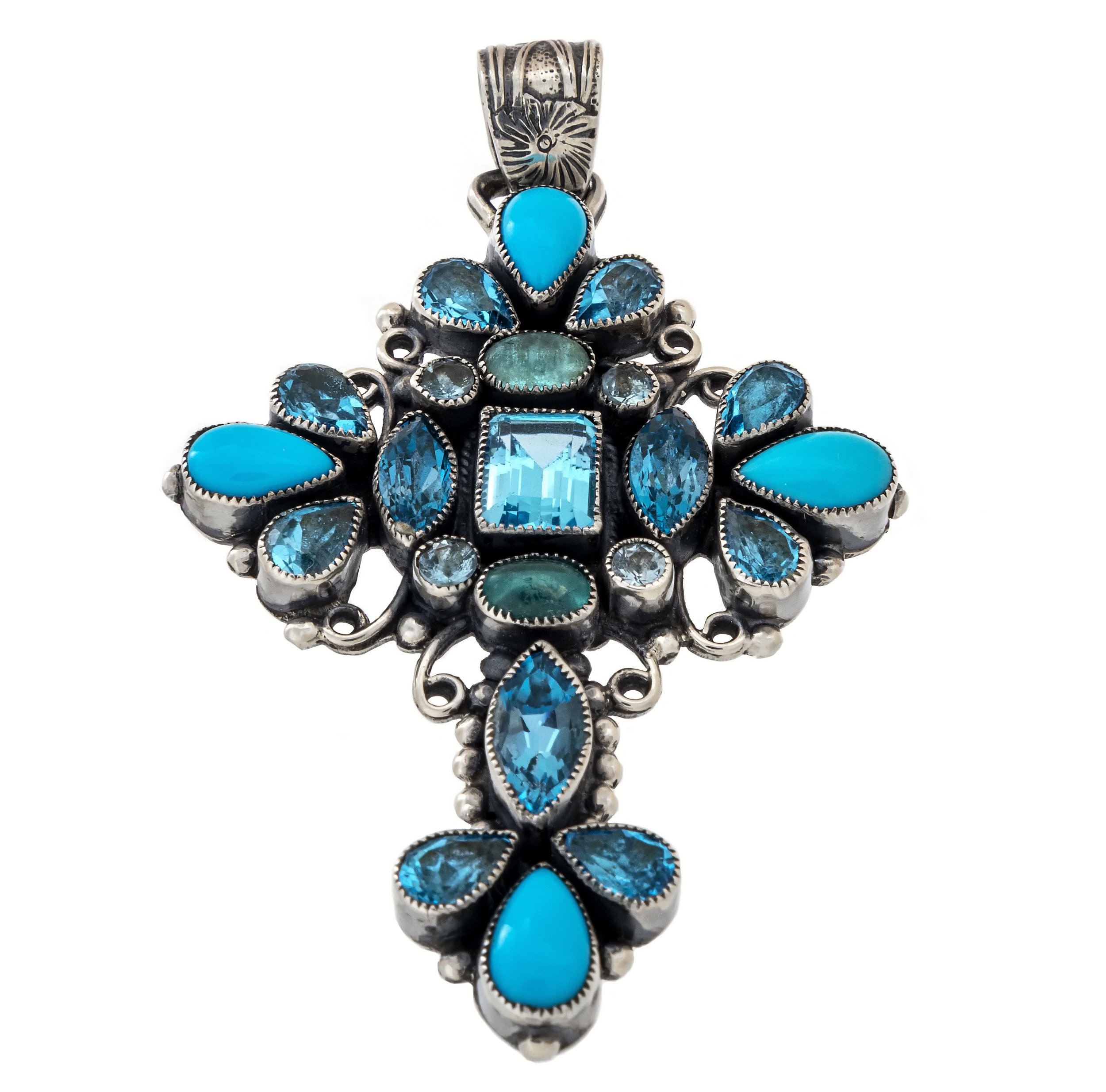Blue Topaz & Turquoise Cross Pendant With Silver Beading & Wiring With Flower Stamped Bail