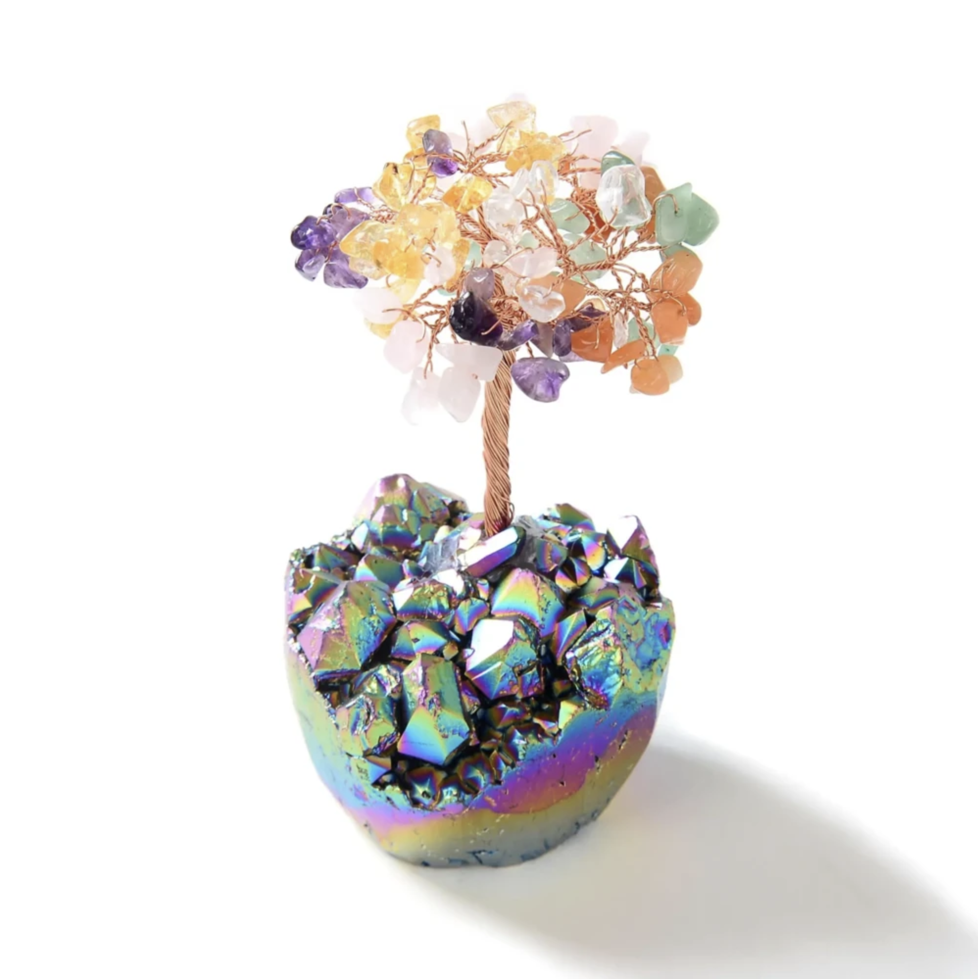 Multi-colored Natural Gemstone Beaded Tree Of Life With Titanium Coated Quartz Base