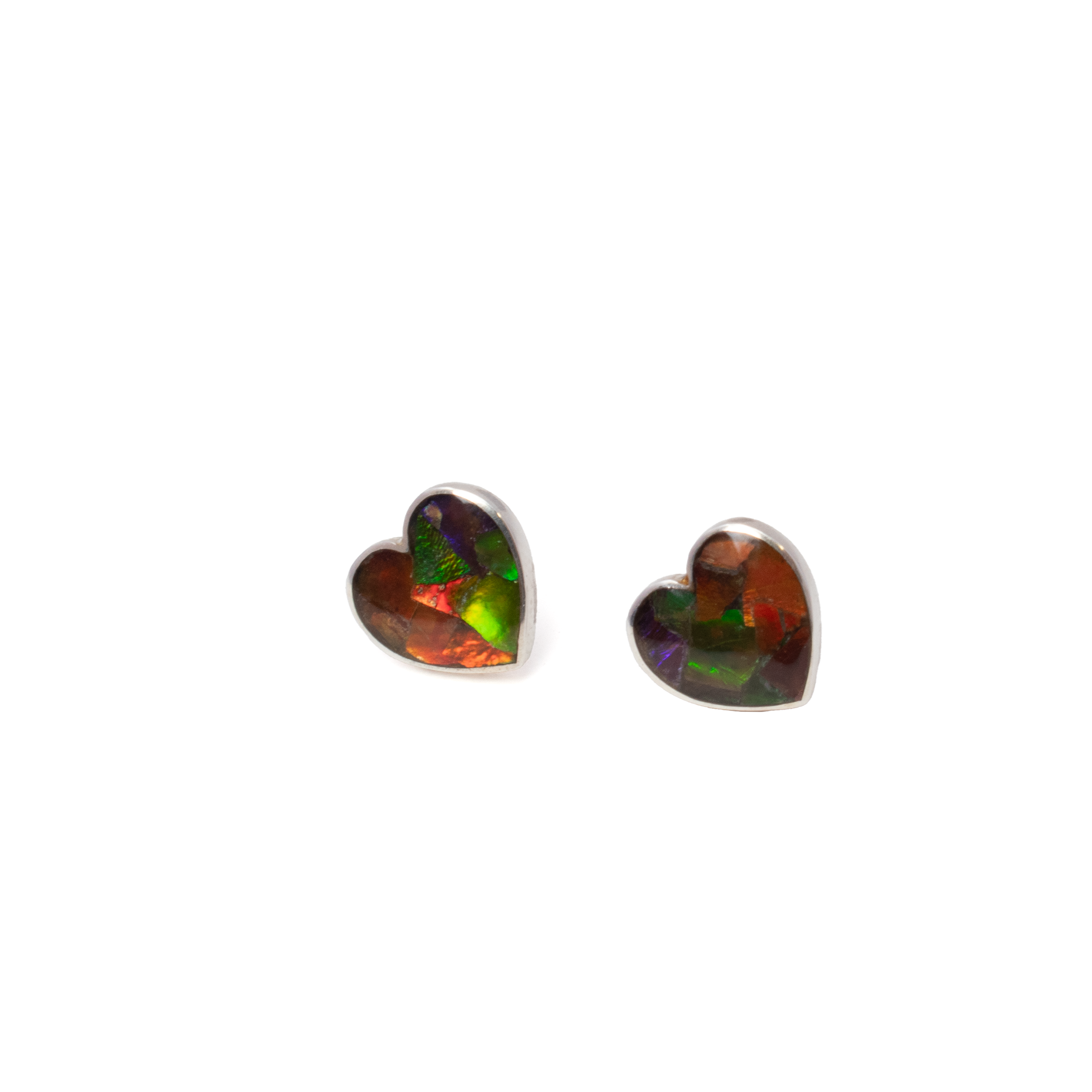 Ammolite Fossil Inlay Heart Stud Earrings With Silver Bezel