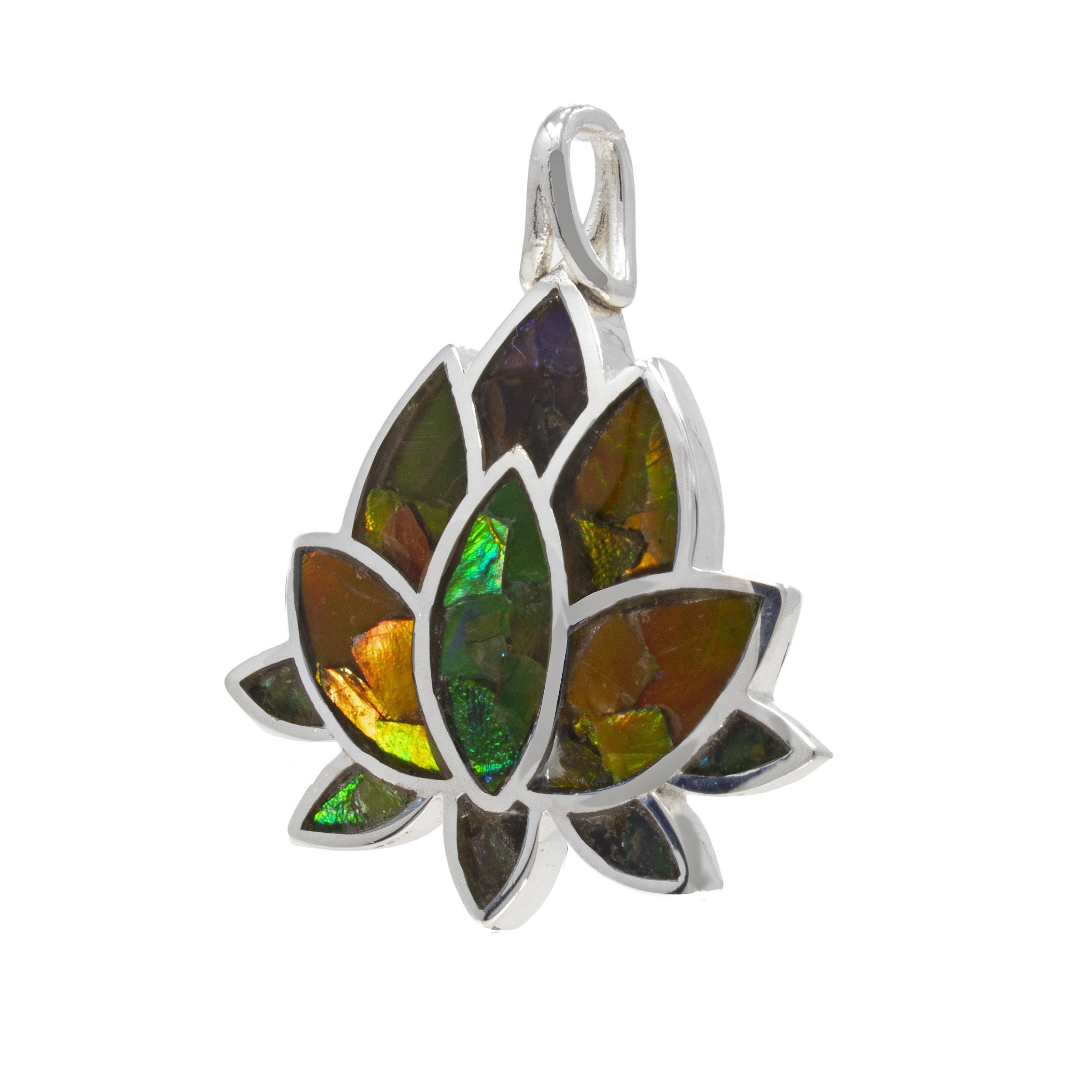 Ammolite Fossil Inlay Pendant - Lotus Flower With Silver Bezel