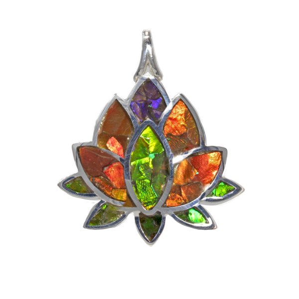 Closeup photo of Ammolite Fossil Inlay Pendant - Lotus Flower With Silver Bezel