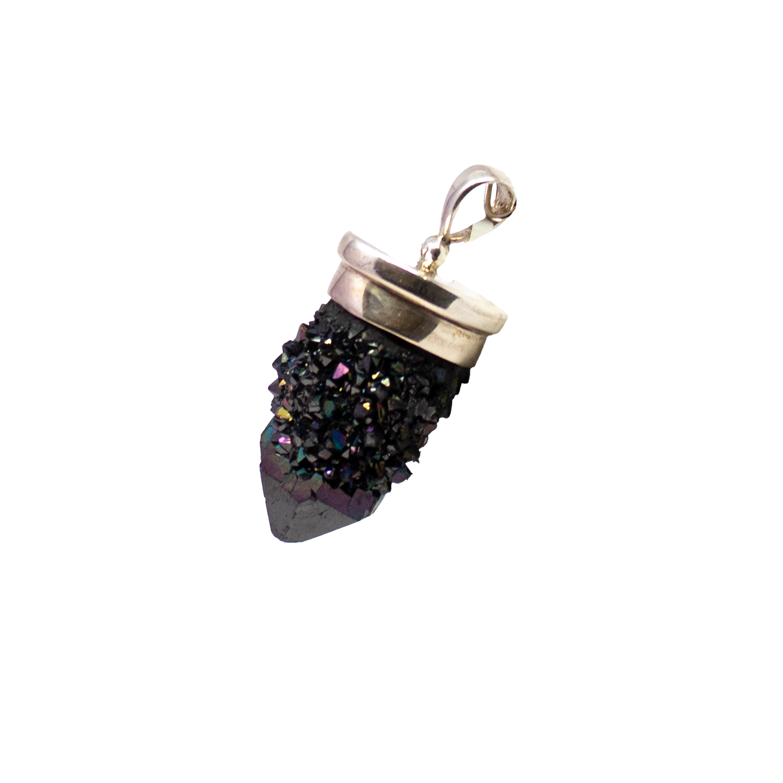Elevate your energy and style with our Spirit Quartz Pendant – a single point Black Titanium Druze crystal crowned with a lustrous silver lantern top bezel. Crafted from genuine Spirit Quartz and set in luxurious 925 sterling silver, this dramatic pendant combines the mystique of midnight-hued druzy with the elegance of artisan design. Each gemstone sparkles with iridescent shimmer, encouraging spiritual growth, harmony, and vitality. Spirit Quartz Pendant - Single Point Black Titanium Druze With Silver Lantern Top Bezel