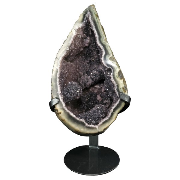 Closeup photo of Uruguaian Black Druze Geode On Metal Stand