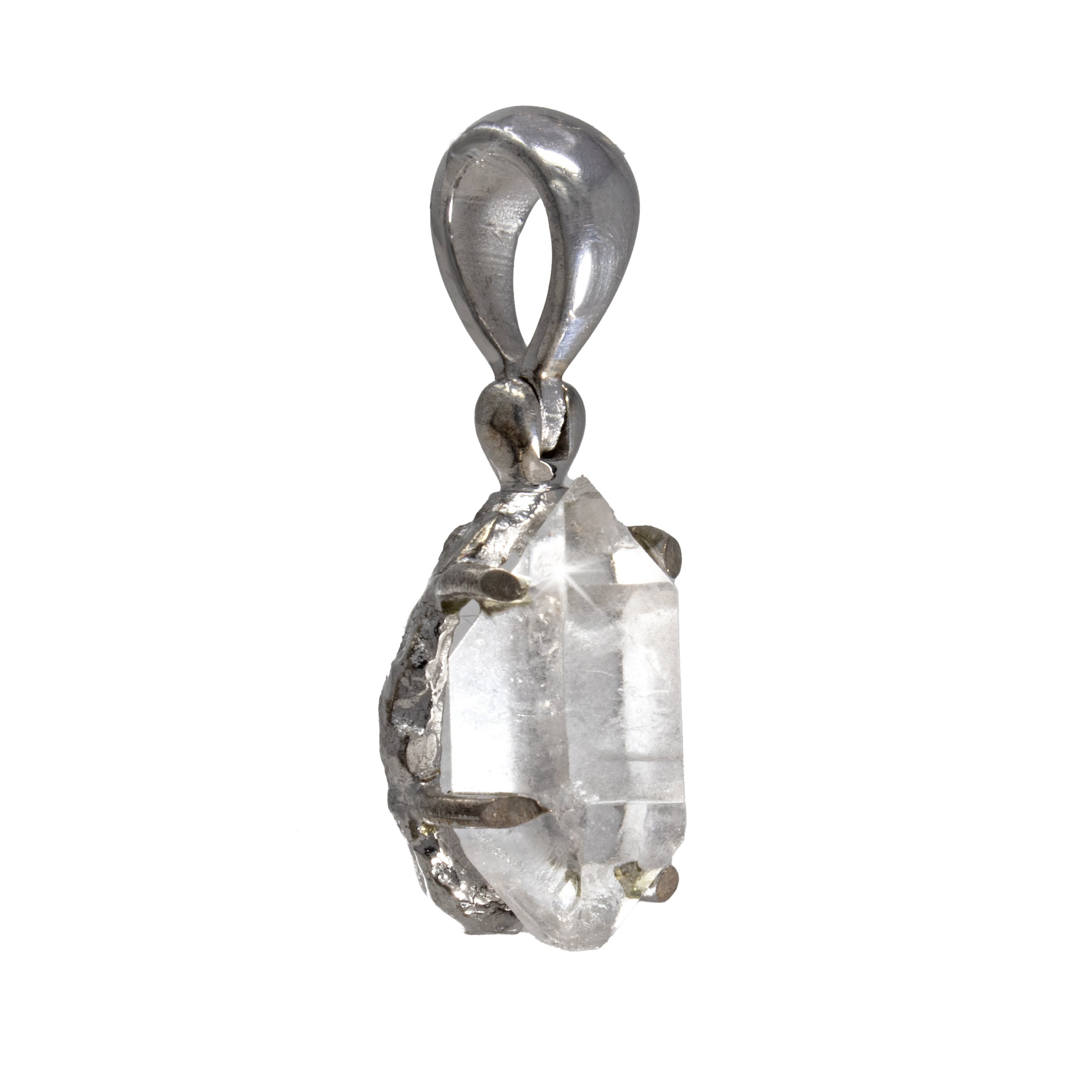 Herkimer Diamond Small Pendant - Double Point Crystal - Prong Set - Rhodium Plated