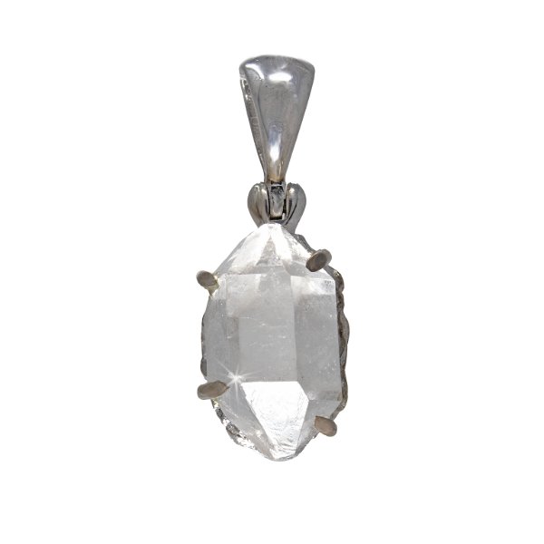 Closeup photo of Herkimer Diamond Small Pendant - Double Point Crystal - Prong Set - Rhodium Plated