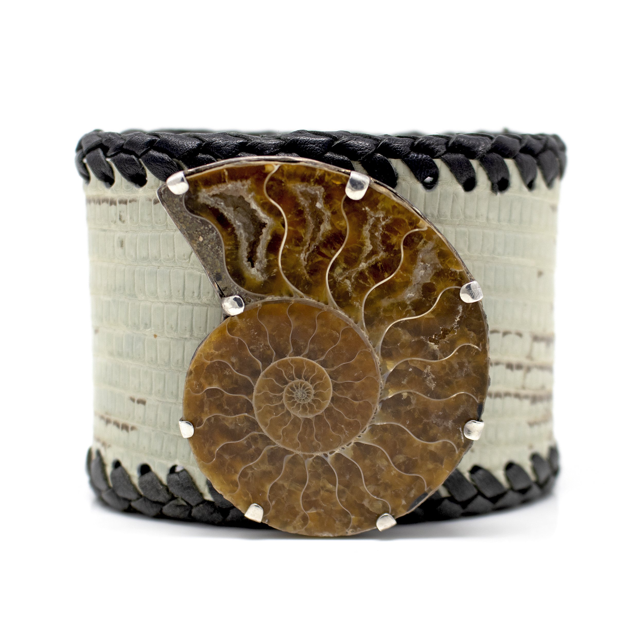 Ammonite Leather Bracelet - Prong Set Ammonite Center On Leather Band W Black Braided Leather Edges